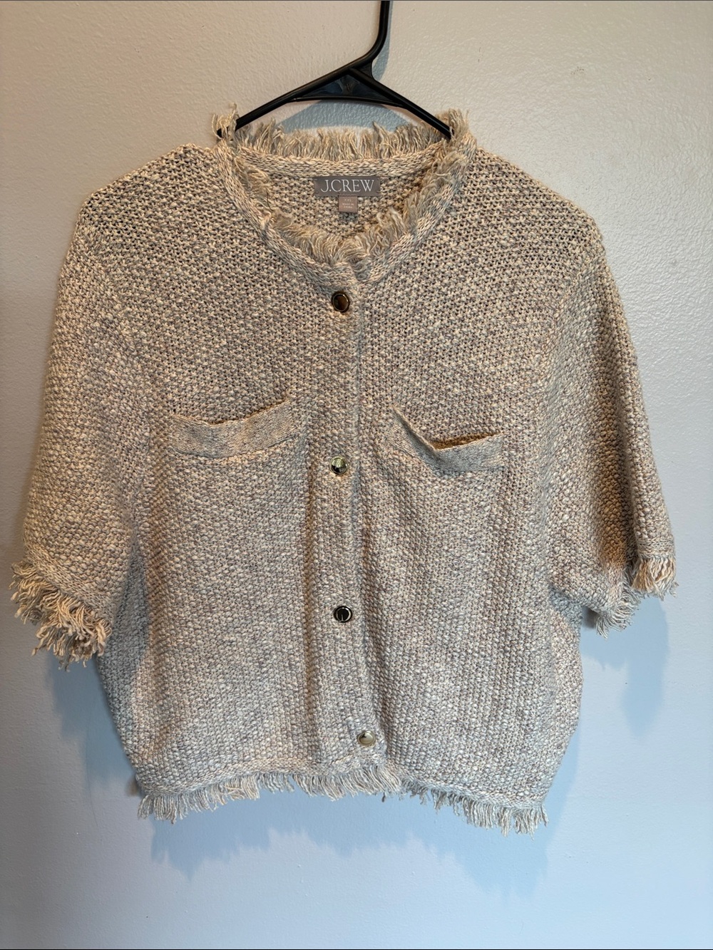 J. Crew Cream cropped Tweed Fringe Button-Front Short Sleeve Cardigan